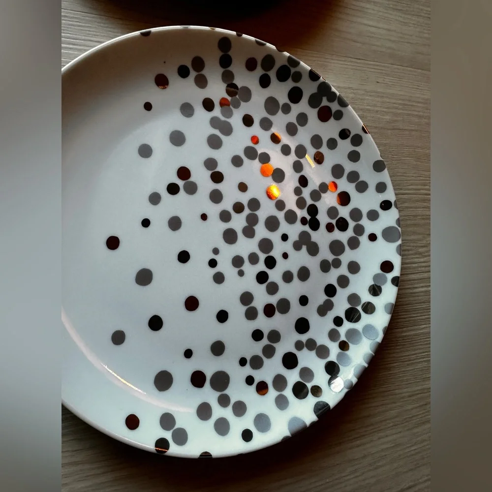 NEW RARE! Set/4 Crate & Barrel Metallic Dot Salad Appetizer Dessert Dishes Plate